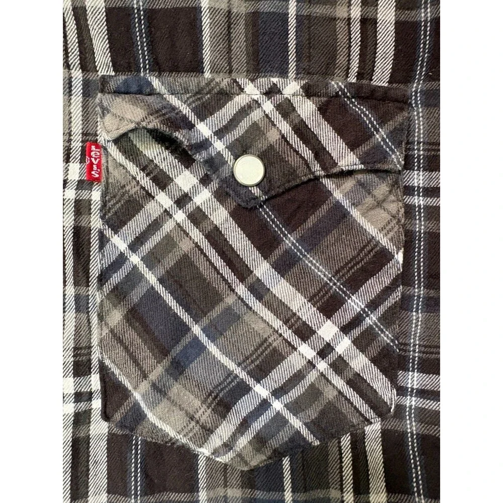 Levis Shirt Mens XL Black Plaid Pearl Snap Flannel Western Cowboy Rodeo 2 Pocket